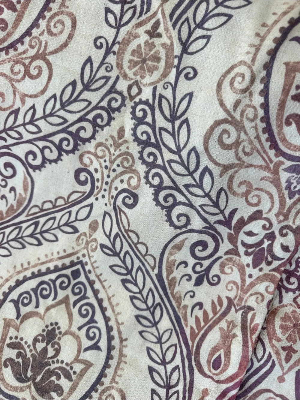 Printed Grommet Window Curtain Panel - Cream with Blue and Brown Scroll Print